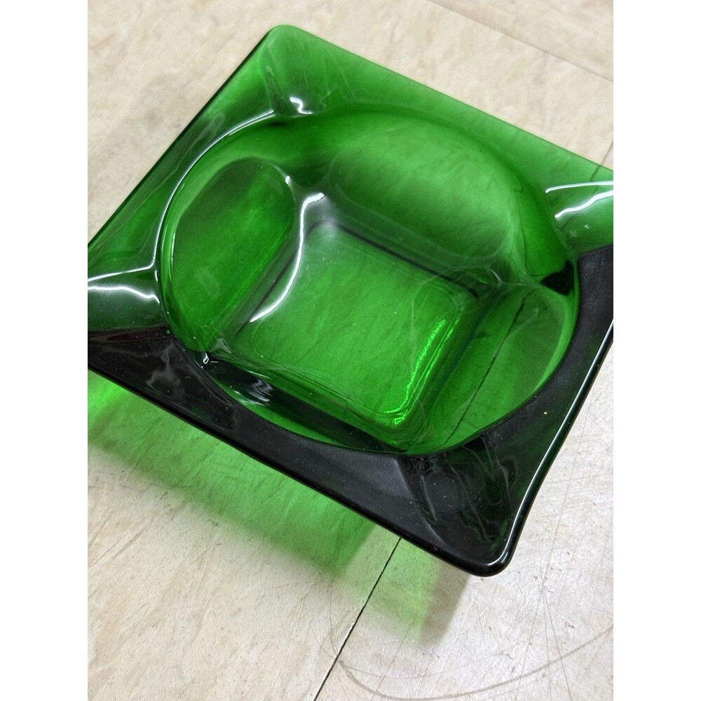 Vtg Emerald Green Glass 4.5" Square Ashtray Mid-Century 4-Slot Anchor Hocking